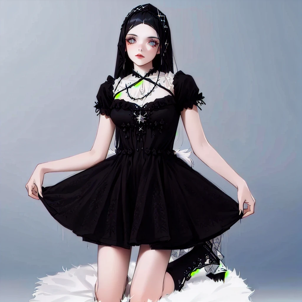 a woman in a black dress posing on a white fur rug, dark astral dress, black gothic ta dress, wearing a gothic dress, witch clothes, dark gothic dress, dark dress, gothic dress, gothic aesthetic, stylish dark dress, gothic dress adornado, astral dress, gothic aesthetic, Astral Witch Clothing, gothic stuff, dark black dress, gothic costume