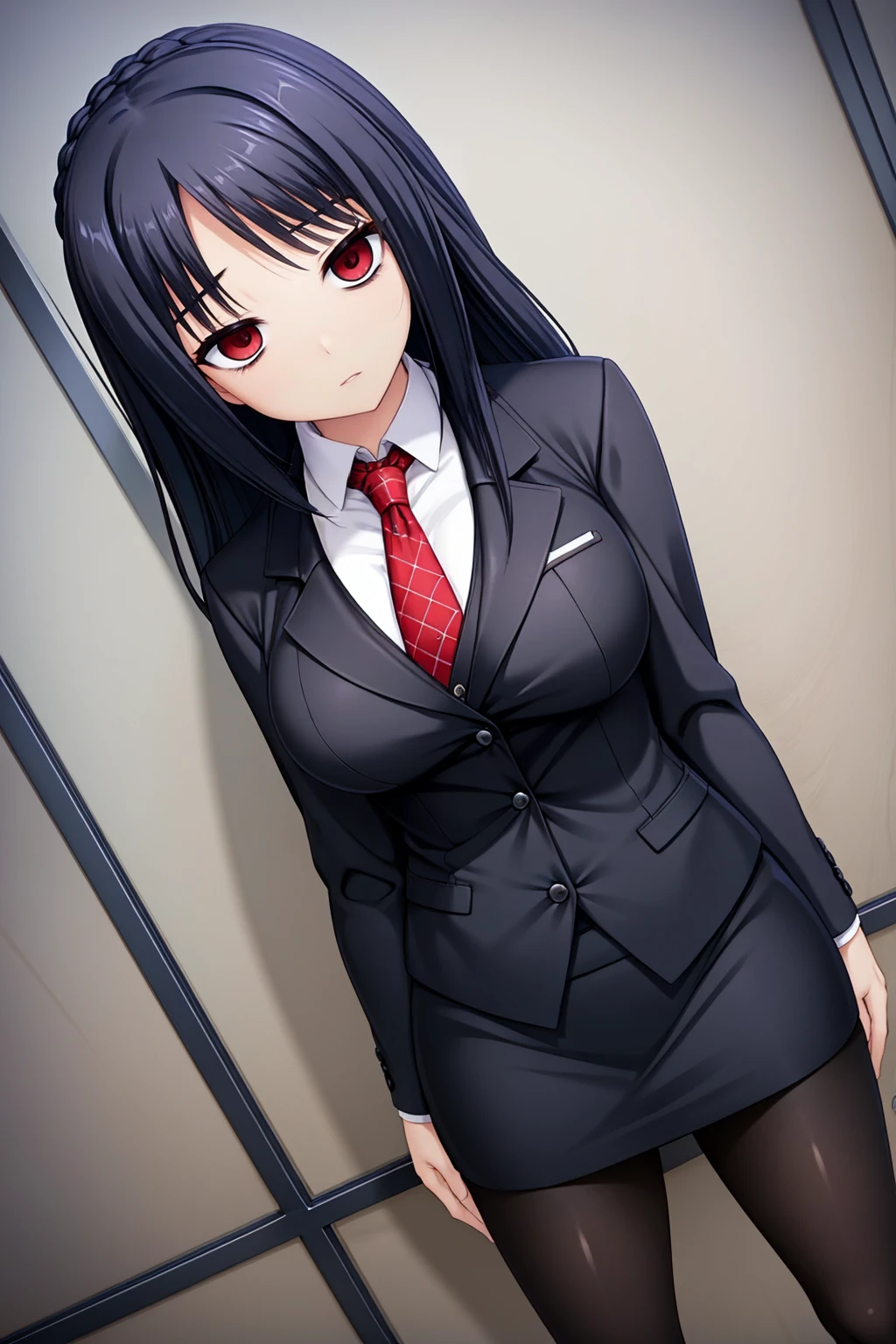 black-hair,bainded-hair,Braided Hair、long-hair,red-eyes,big-breast,business-suit,black-business-suit,black-pantyhose,mini-skirt,23 years old,older sister、Ultra-high resolution、Ultra HD,Braided Hair、red-tie,standing,milf,wife
