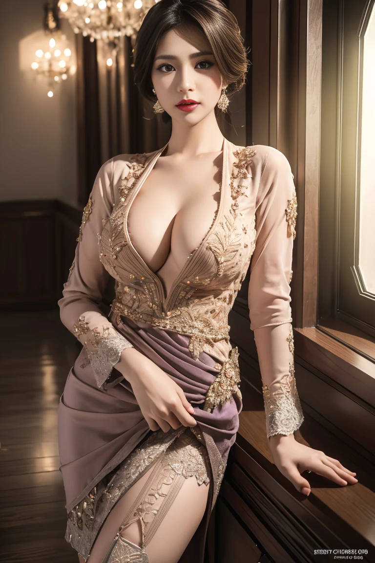 ((Extreme Wide Shot,cowboy shot,  Deep Focus, Eye Level Shot)), Realism, , Rim Lights, Rim Lighting, Rim Light, Natural Lighting, Sunlight, Volumetric Lighting, Volumetric Light, Volumetric, ((high quality:1.2, masterpiece:1.2)), absurdres, high resolution, (8k resolution), 8k, 8kres, 8k res, high details, detailed and intricate, intricate details, high intricate details, absurd amount of details, ((looking at viewer)),   detailed face, 1girl, solo, fashi-girl, mature girl, cute, sweet, a girl wearing kebaya,  white purple kebaya, red lips, (()) , stockings