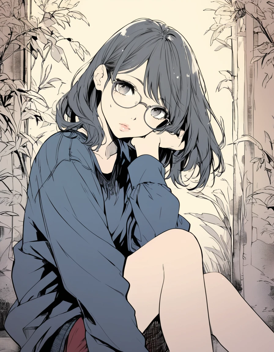ultra-detailed:1.3, ultra delicate and detailed face:1.3, (absurdres, texture, masterpiece), ennui, pixiv contest winner, by Posuka Demizu, dynamic manga-style illustration of slender girl with glasses is sitting, moist eyes and lips, head tilt, head side,
