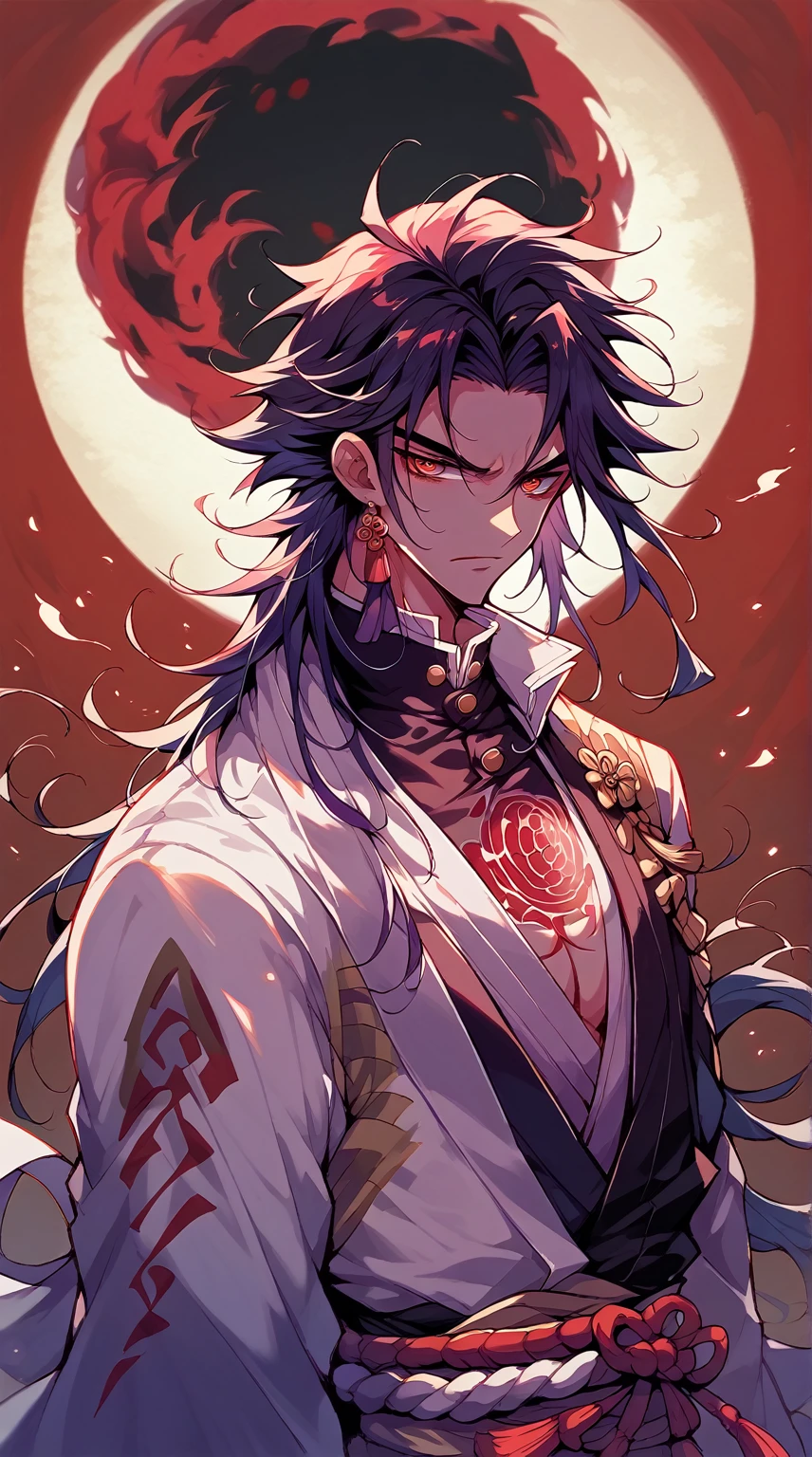 a close up of a person holding a sword in front of a red moon, demon slayer artstyle, handsome guy in demon slayer art, demon samurai, beautiful male god of death, demon slayer rui fanart, itatchi uchiha, demon samurai warrior, onmyoji portrait, madara uchiha, akiyuki shinbou, add shadow, light, dark, 6 eye's