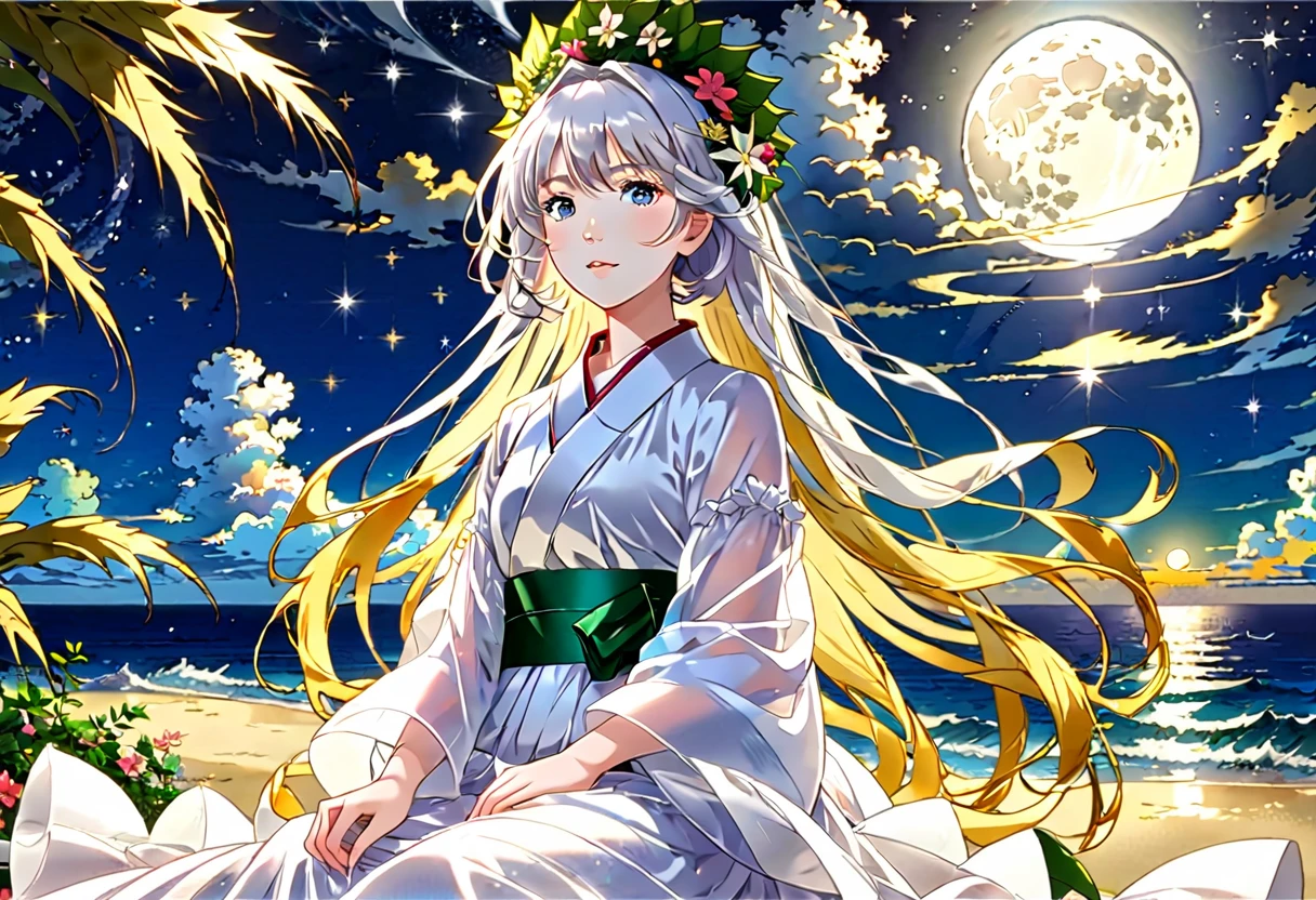 純whiteの少女は氷のような翡翠色ではない.. Her long hibiscus hair reaches down to her waist... 彼女は金属の縁取りが施されたシルクのエレガントなwhiteいストッキングを履いている。.。.（white, Translucent meat） Embarrassed look。Spoony。 Setting up the scene: A bright moon rises over the sea，The end of the world is now（Beautiful starry sky and Milky Way） Wearing a wreath on her head, A dreamlike wind blew her clothes away..