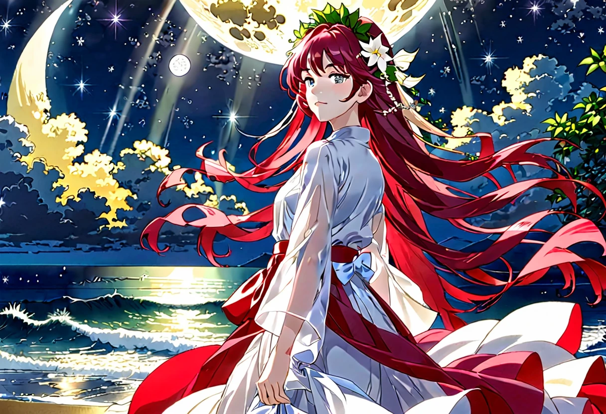 純whiteの少女は氷のような翡翠色ではない.. Her long hibiscus hair reaches down to her waist... 彼女は金属の縁取りが施されたシルクのエレガントなwhiteいストッキングを履いている。.。.(white, Translucent meat) Embarrassed look。Spoony。 Setting up the scene: A bright moon rises over the sea,The end of the world is now(Beautiful starry sky and Milky Way) Wearing a wreath on her head, A dreamlike wind blew her clothes away..