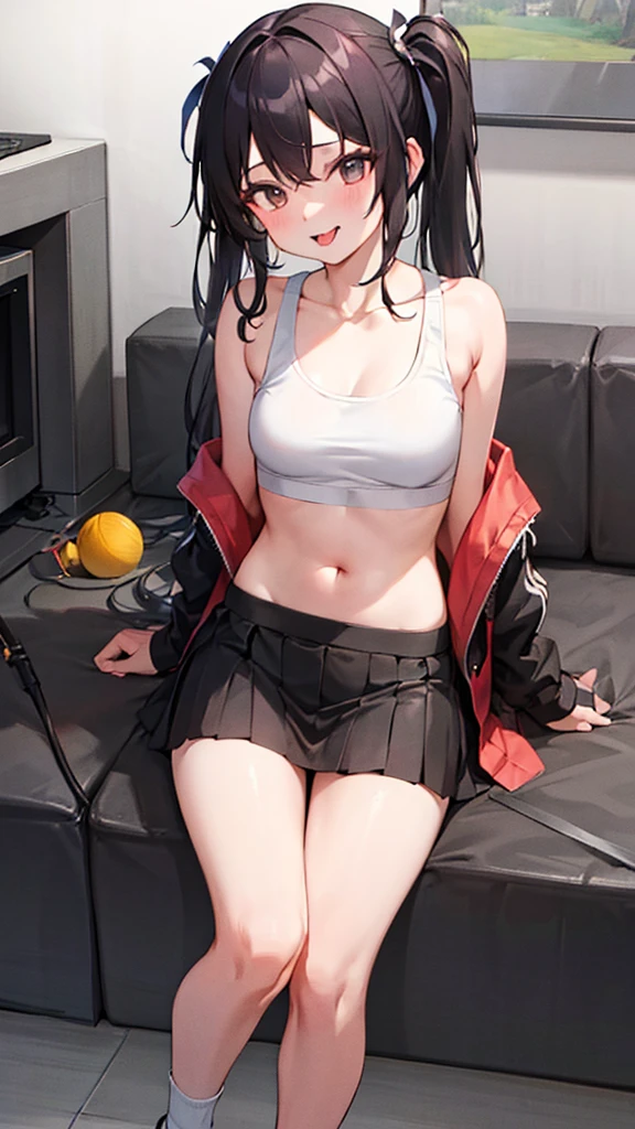 Young Asian girl with short skirt and no . A sports  with long dark hair and little mouth with  sticking out 