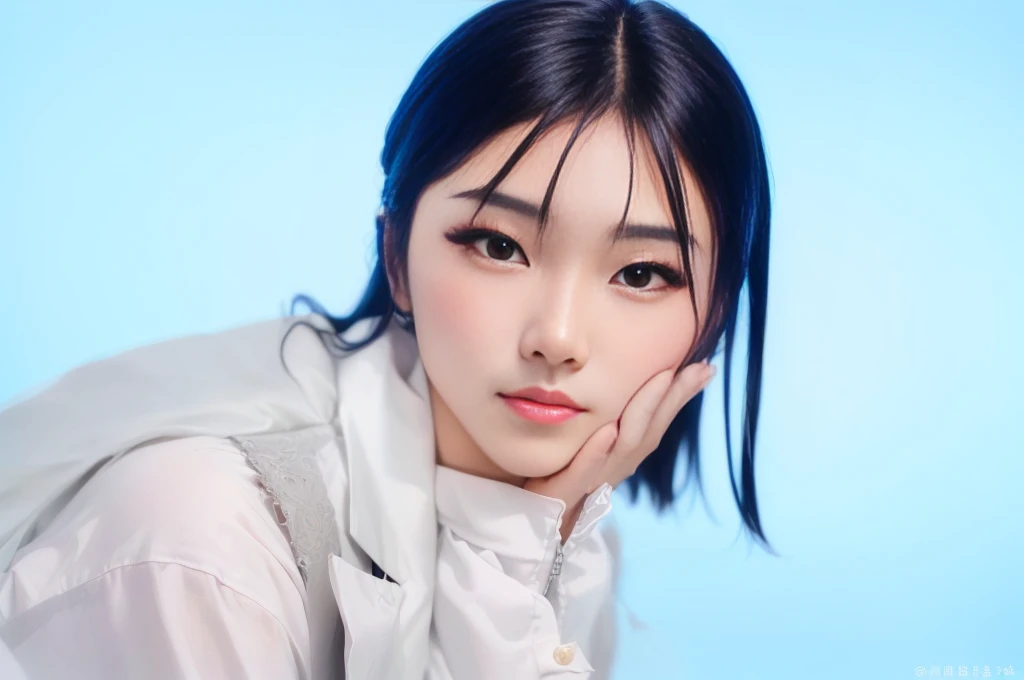 there is a woman with a white shirt posing for a picture, inspired by Ma Yuanyu, sui ishida with black hair, young cute wan asian face, portrait of female korean idol, xintong chen, Chiho, lu ji, chengyou liu, Yoshitomo Nara, yun ling, close - up studio photo