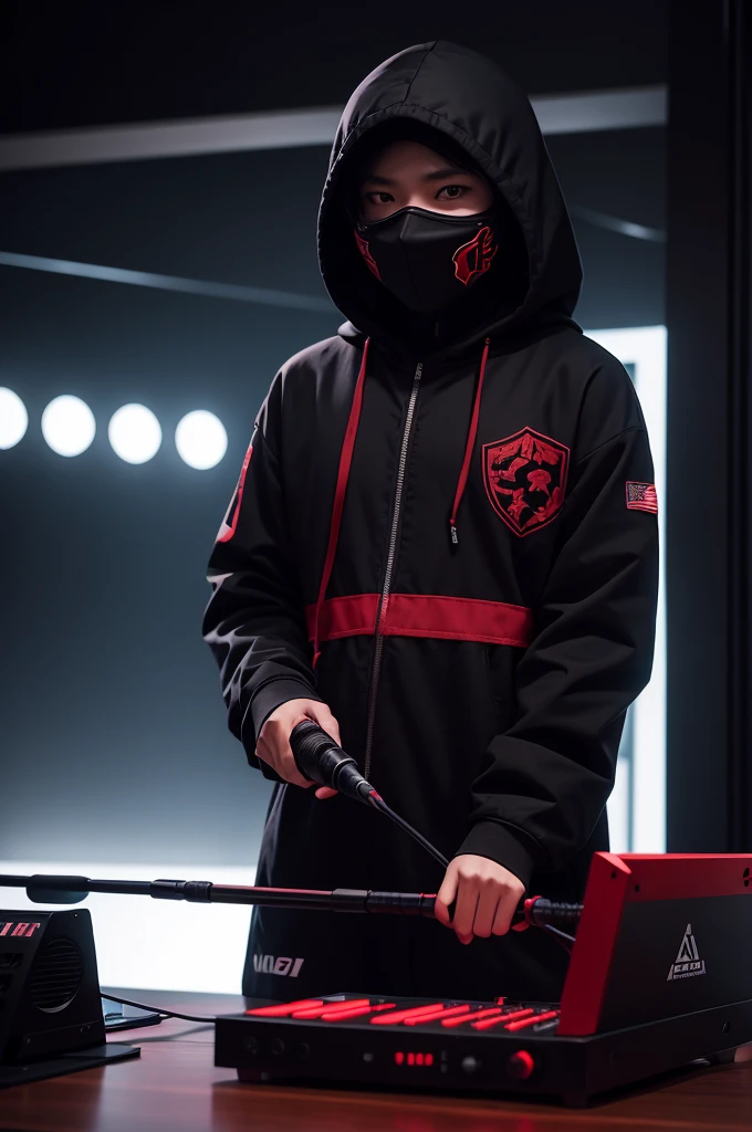 flag,a hooded ninja with headset, front camera, with a table in front, a microphone and dj equipment dark theme red and dark colors
