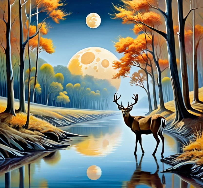 Surreal landscape, many moons, deer walking along river edge, painted brush strokes 