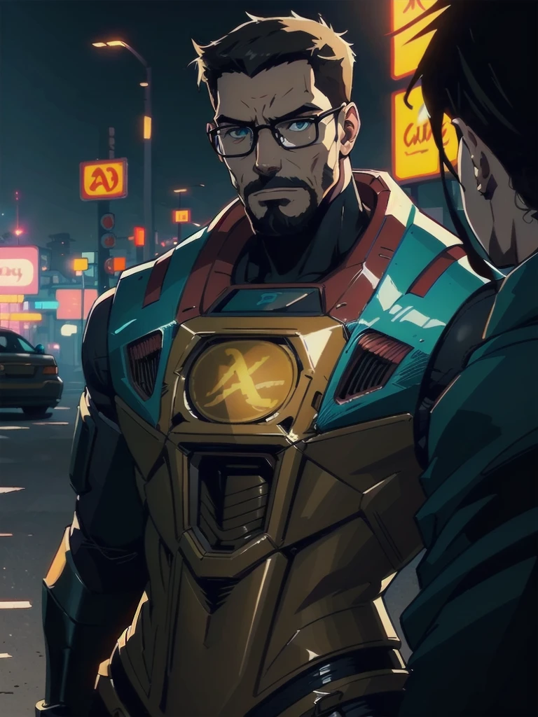 High quality portrait of Gordon Freeman from HL2. Art by Makoto Shinkai, Crunchyroll, pixiv, danbooru, HD, headshot, cinematic still, detailed anime face, bokeh, digital art, cel shading, vivid colors, ambient lighting, ((Muscular body))