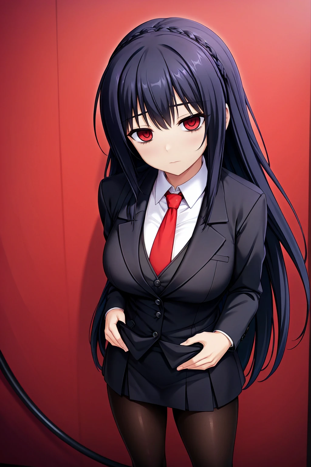 black-hair,bainded-hair,Braided Hair、long-hair,red-eyes,big-breast,business-suit,black-business-suit,black-pantyhose,mini-skirt,23 years old,older sister、Ultra-high resolution、Ultra HD,Braided Hair、red-tie,standing,milf,wife
