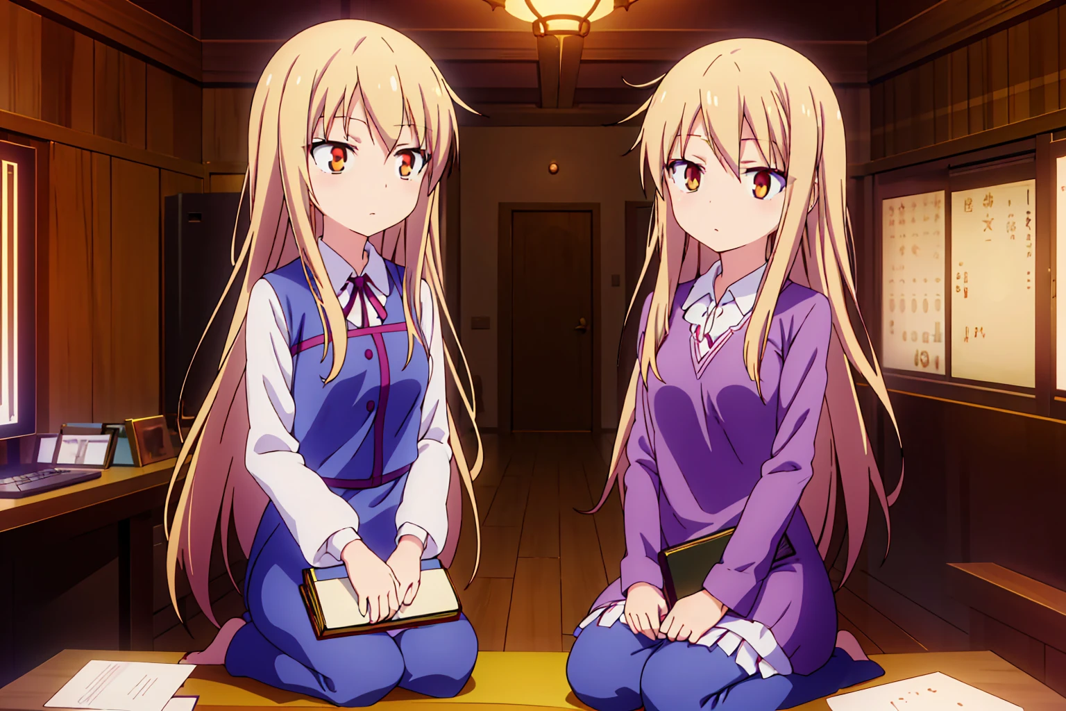 Teenage anime girl, Shiina Mashiro, Mashiro, Sakurasou anime, long blonde hair, orange eyes, expressionless, , witch outfit, magic book, Wooden room, Pictures, posters