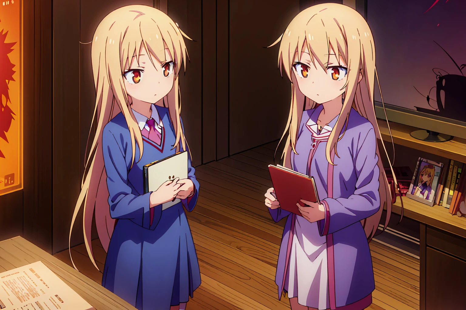 Teenage anime girl, Shiina Mashiro, Mashiro, Sakurasou anime, long blonde hair, orange eyes, expressionless, , witch outfit, magic book, Wooden room, Pictures, posters