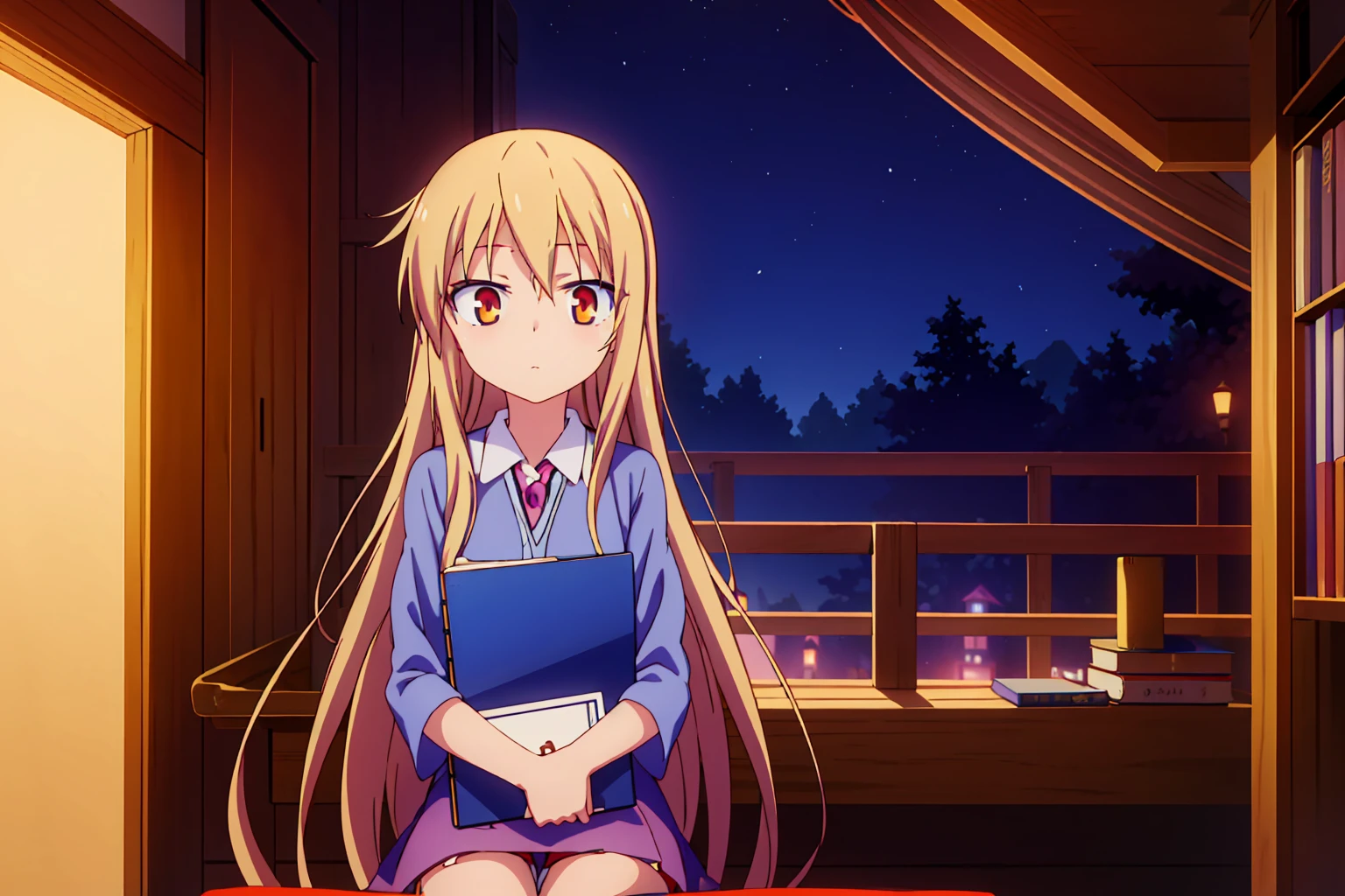 Teenage anime girl, Shiina Mashiro, Mashiro, Sakurasou anime, long blonde hair, orange eyes, expressionless, , witch outfit, magic book, Wooden room, Pictures, posters