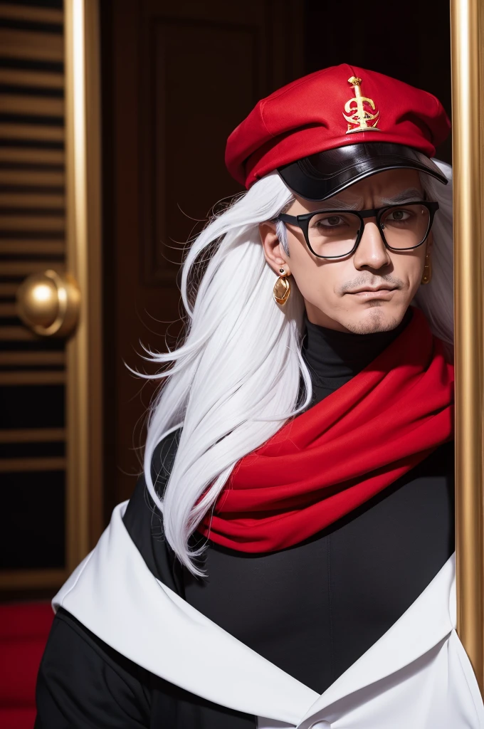 A male cartoon character with a red cap with a black mask and glasses and with white hair and a gold earring