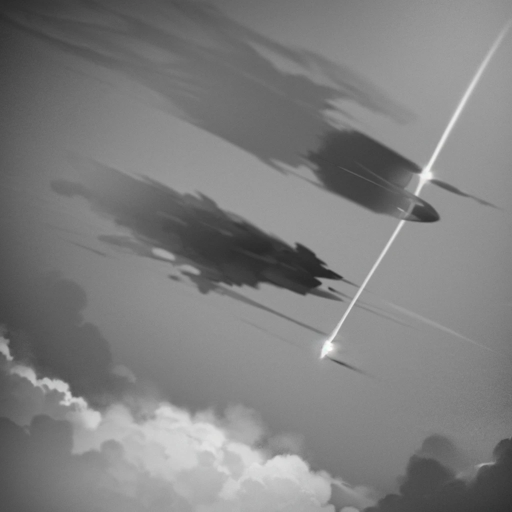 A drawing of a rocket taking off into space, monochrome with few details