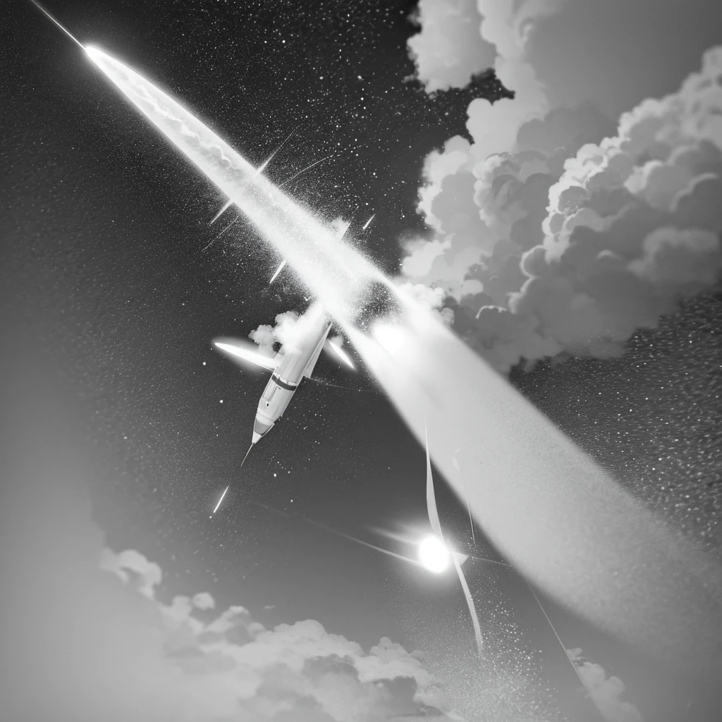 A drawing of a rocket taking off into space, monochrome with few details