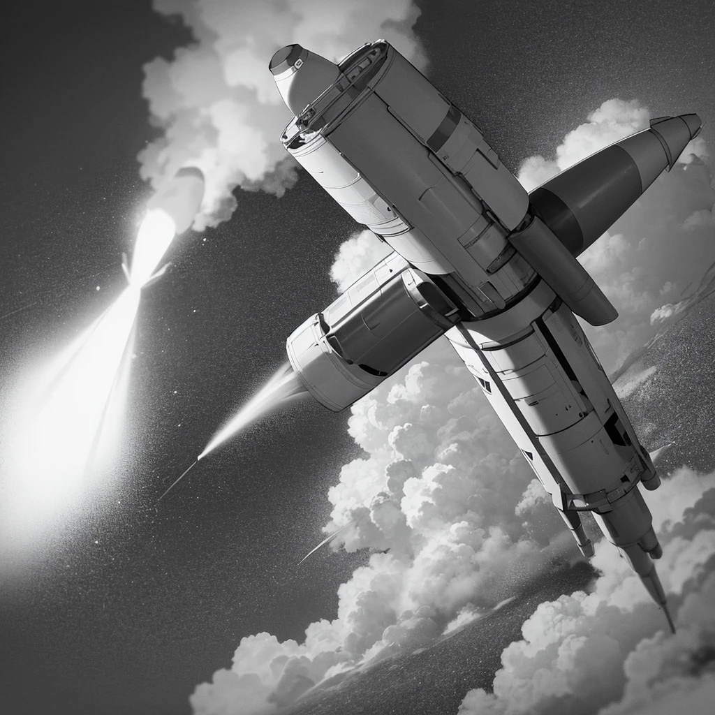 A drawing of a rocket taking off into space, monochrome with few details