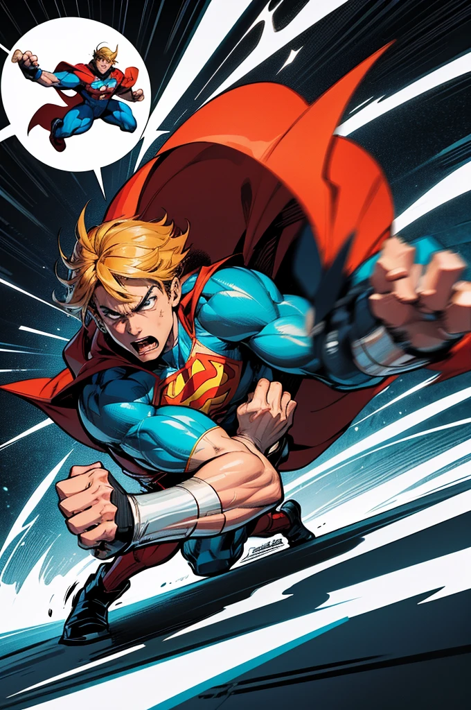 "A dynamic, hand-drawn comic book illustration of a superhero in an action pose, mid-flight or throwing a punch. The background features classic comic book elements like speed lines and action words like 'Bam!' and 'Pow!'"