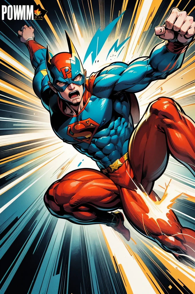 "A dynamic, hand-drawn comic book illustration of a superhero in an action pose, mid-flight or throwing a punch. The background features classic comic book elements like speed lines and action words like 'Bam!' and 'Pow!'"