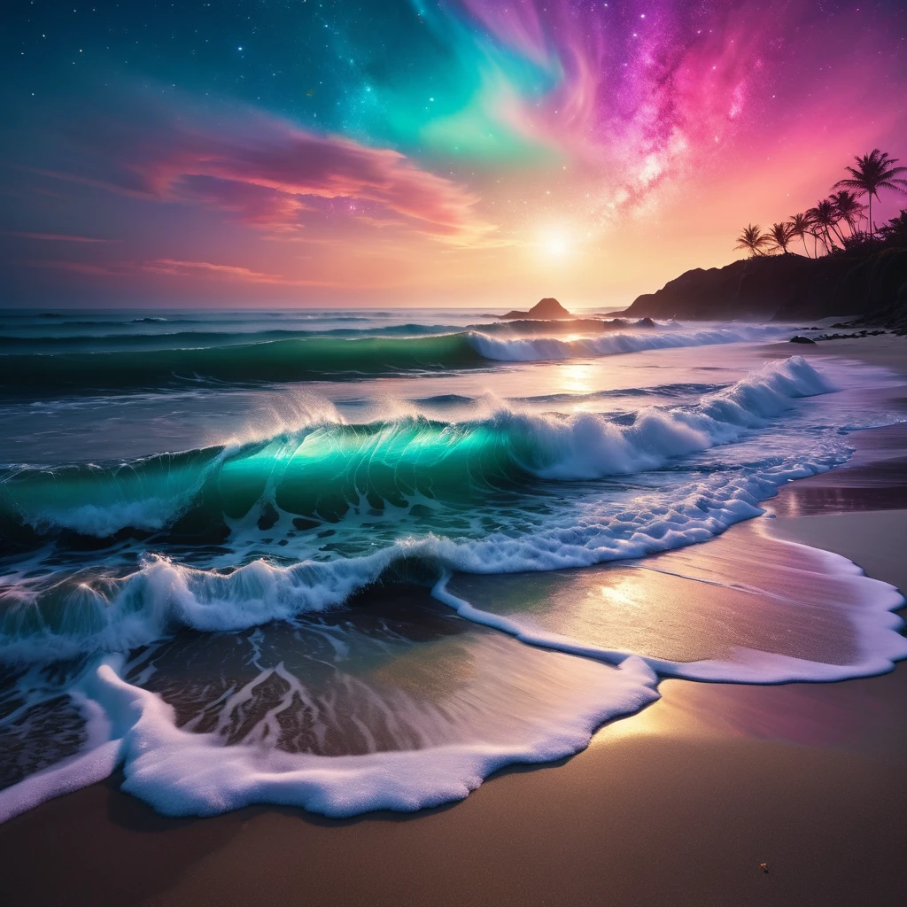 Bioluminescent waves crashing onto a sandy beach at night, enchanting scene with vivid colors and gentle movement, A mesmerizing scene unfolds before your eyes as you gaze upon a hypnotic eye blending into a star-studded sky, dotted with nebulae and cosmic dust. intricate details in the waves' glow and shoreline, dreamy surrealism captured with high-resolution quality, cinematic aesthetic, raw capture of the ethereal moment with a touch of fantasy, beachscape illuminated in an otherworldly light, painterly tones and brush strokes in an oil painting style, shot with a Fujifilm XT3 and Plaubel Makina