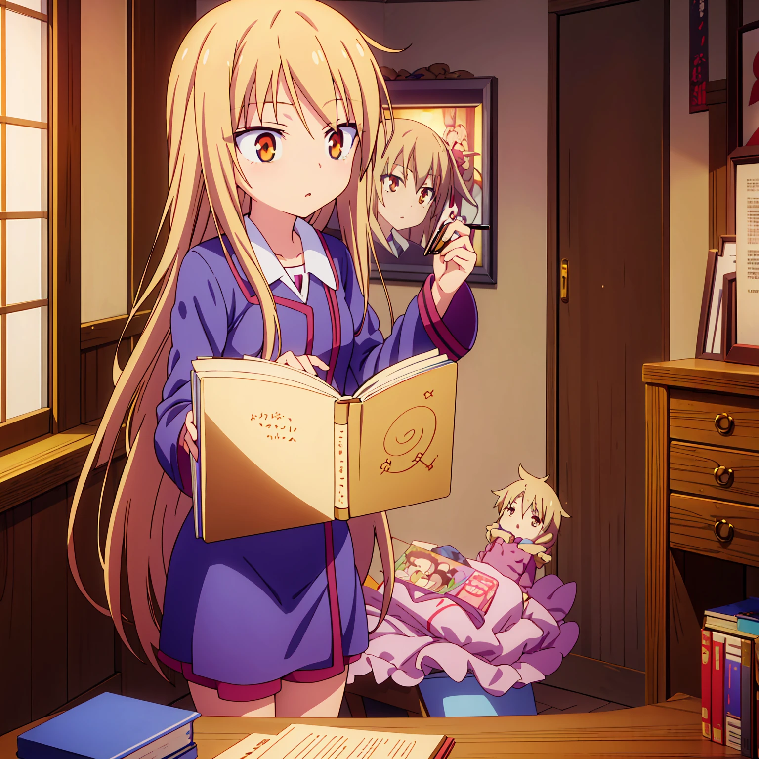 Teenage anime girl, Shiina Mashiro, Mashiro, Sakurasou anime, long blonde hair, orange eyes, expressionless, , witch outfit, magic book, Wooden room, Pictures, posters