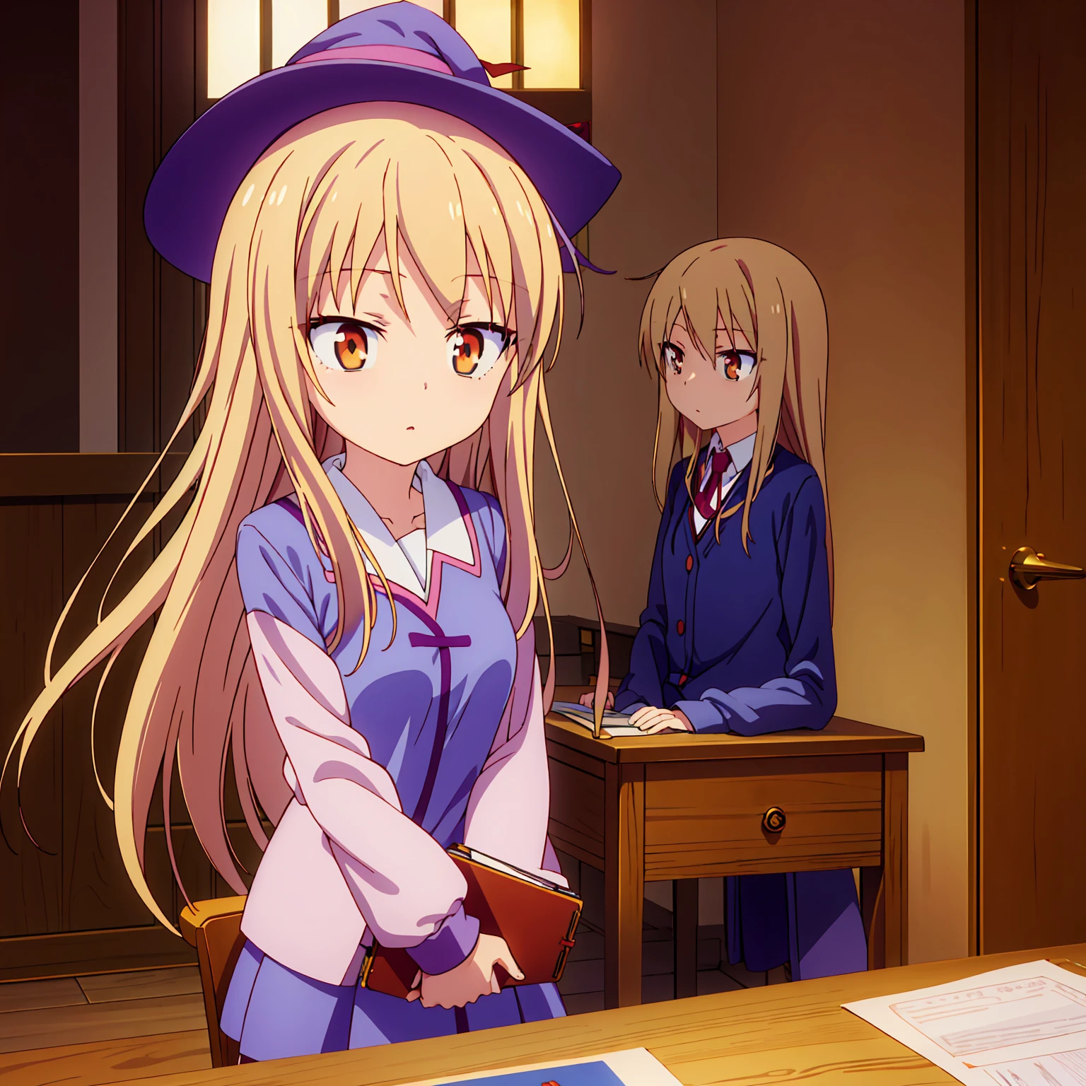 Teenage anime girl, Shiina Mashiro, Mashiro, Sakurasou anime, long blonde hair, orange eyes, expressionless, , witch outfit, magic book, Wooden room, Pictures, posters