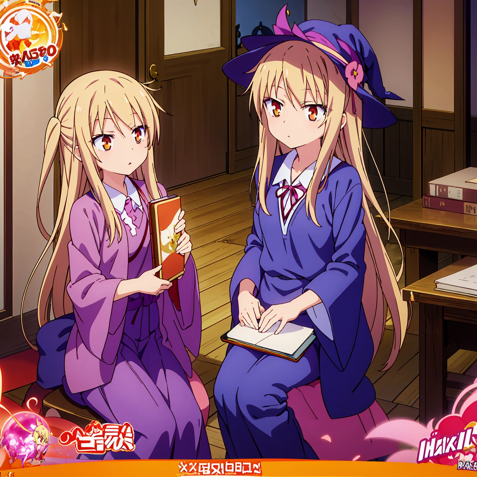 anime girl, Shiina Mashiro, Mashiro, Sakurasou anime, long blonde hair, orange eyes, expressionless, , witch outfit, magic book, Wooden room, Pictures, posters