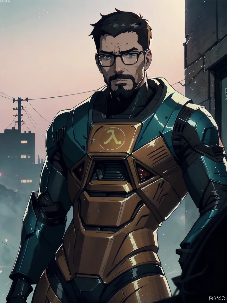 A highly detailed, cinematic portrait of Gordon Freeman from Half-Life 2, in the art style of Makoto Shinkai, Crunchyroll, pixiv, and danbooru, captured in high definition, focused on his headshot, with a detailed anime-inspired face, beautiful bokeh, digital art, cel shading, vivid colors, and ambient lighting, with a muscular body.