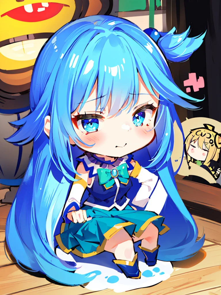 (8K, best quality, masterpiece:1.2),\(Eye details\),\(Facial features details\),(\(Clothes details details\)\),(1 girl:1.3),独奏,full body,(chibi),aqua \(Konosuba\),((😂))