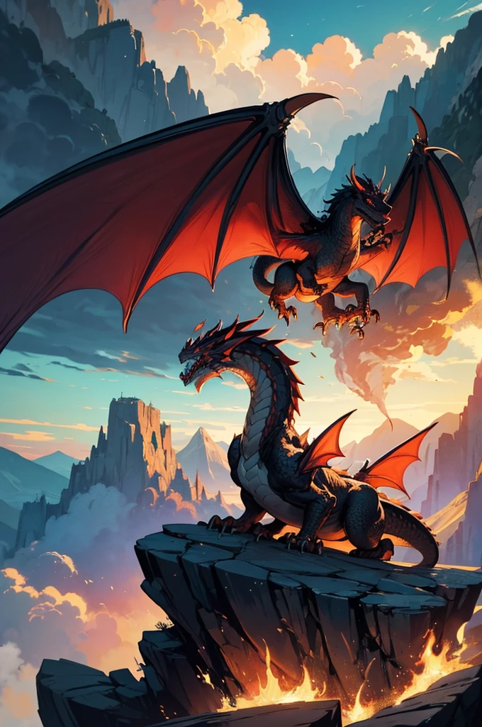 "A detailed illustration of a majestic dragon perched on a rocky cliff, with its wings partially spread and fire coming out of its mouth. The background features a dramatic sky with clouds and distant mountains."
