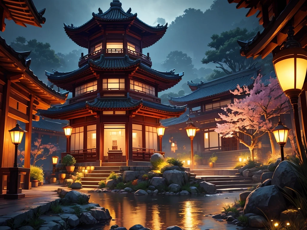 (Microlandscape:1.8,Faraway view,High viewing angle lens),Antique game scene design,A corner of the ancient town of Jiangnan,Black night sky,the night,starrysky,Lanterns,big trees,florals,Flowers in the bushes,Trees bloom,Sakura architecture,Antique carved door beams,Chinese ink painting OC rendering sculpture