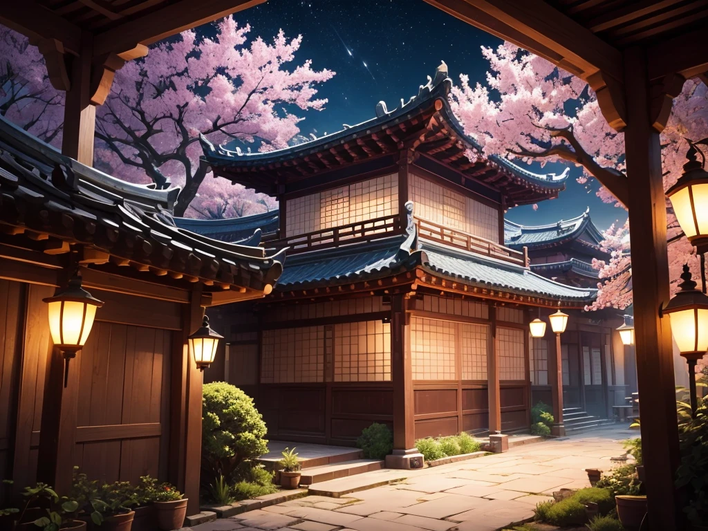 （Microlandscape：1.8，Faraway view，High viewing angle lens），Antique game scene design，A corner of the ancient town of Jiangnan，Black night sky，the night，starrysky，Lanterns，big trees，florals，Flowers in the bushes，Trees bloom，Sakura architecture，Antique carved door beams，Chinese ink painting OC rendering sculpture
