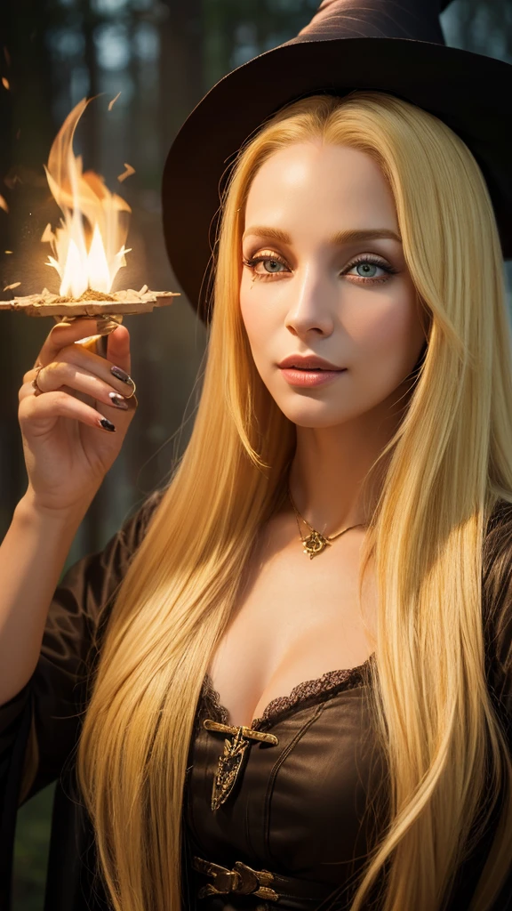 masterpiece, Highest quality, (Beautiful Face: 1.1), (Realistic: 1.5) (Blonde Witch, Marisha Becker, 30-year-old woman, Fire Magic: 1.3), Upper Body