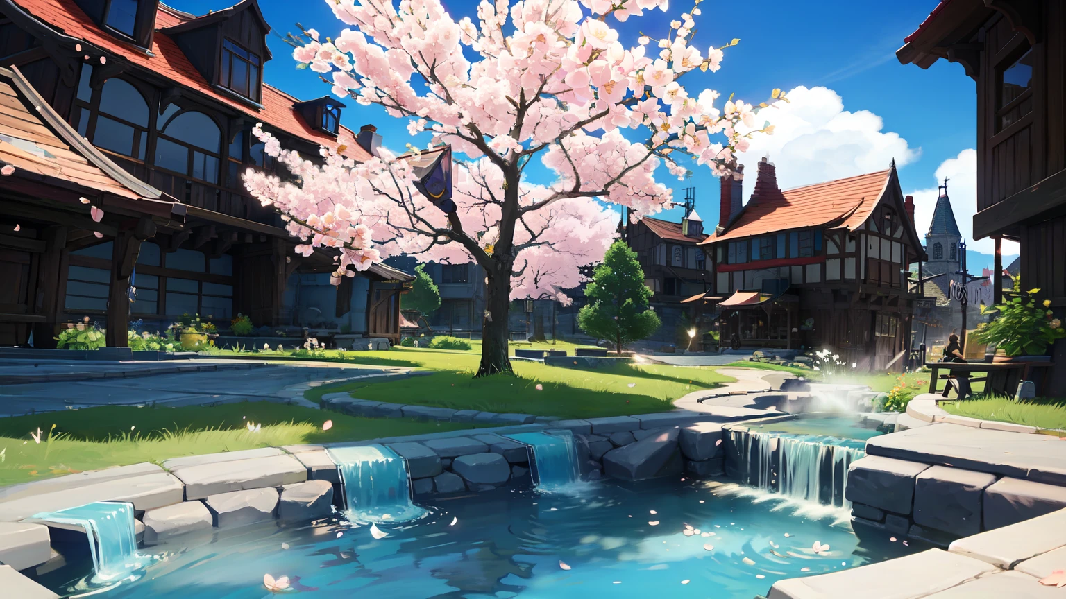 crowd,Hot spring in the middle,Small Town,Flowers,Cherry blossoms on the ground,Cherry tree,masterpiece,最high quality, Very detailed, Cinema Lighting, Sharp focus, Realistic ,(high quality, 最high quality, There is nothing there), (Ultimate Photoreal Concept Art),Realistic,photo Realistic, 