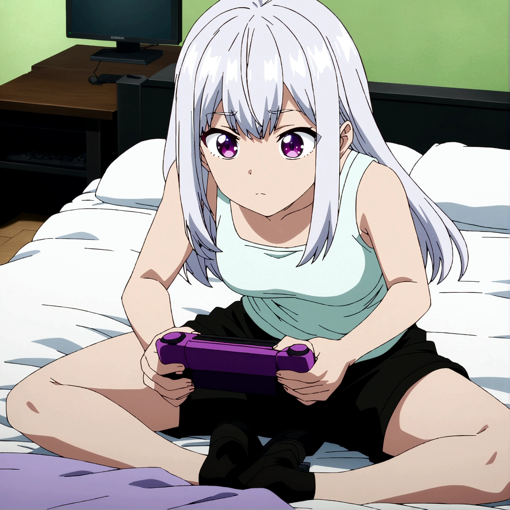 anime boku no hero screencap an asian white girl, purples eyes, long white hair, white tank top and short black shorts, sitting on the bed, gamer style dorm, looking at the computer