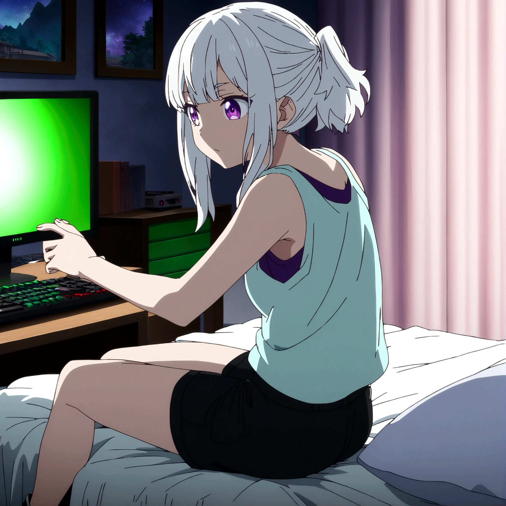 anime boku no hero screencap an asian white girl, purples eyes, long white hair, white tank top and short black shorts, sitting on the bed, gamer style dorm, looking at the computer