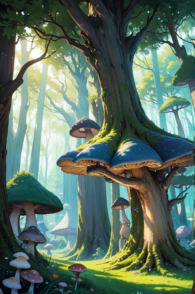 "A whimsical, hand-drawn illustration of an enchanted forest, populated by fairies, unicorns, and other magical creatures. The trees are tall and ancient, with glowing mushrooms and sparkling streams."
