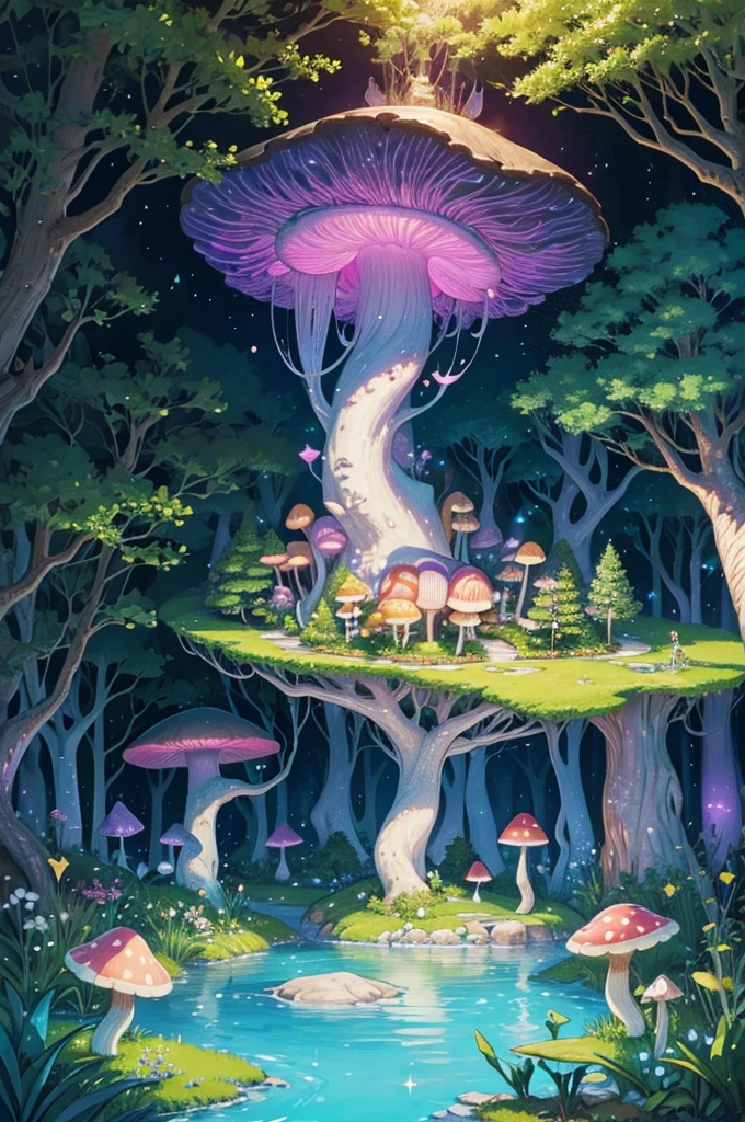 "A whimsical, hand-drawn illustration of an enchanted forest, populated by fairies, unicorns, and other magical creatures. The trees are tall and ancient, with glowing mushrooms and sparkling streams."
