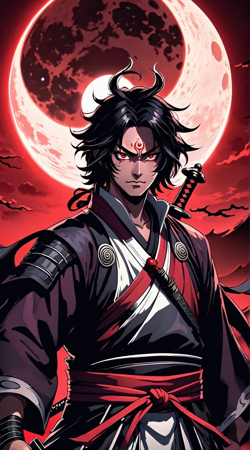 a close up of a person holding a sword in front of a red moon, demon slayer artstyle, handsome guy in demon slayer art, demon samurai, beautiful male god of death, demon slayer rui fanart, itatchi uchiha, demon samurai warrior, onmyoji portrait, madara uchiha, akiyuki shinbou, add shadow, light, dark, 6 eye's