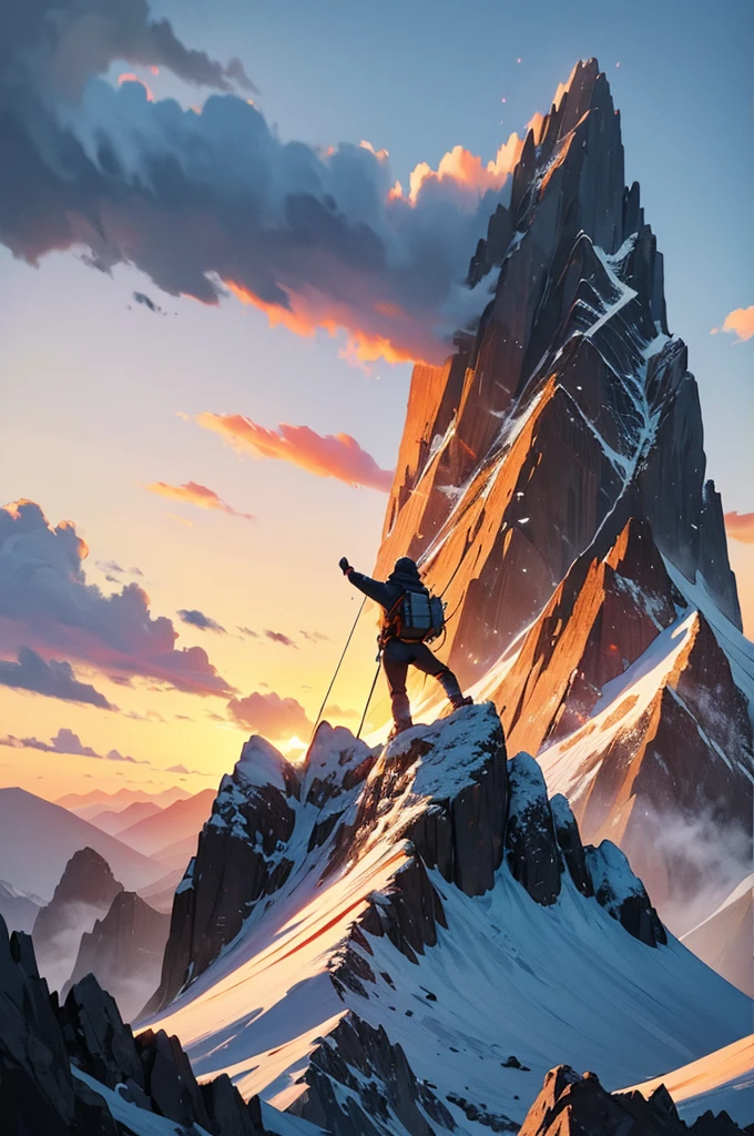 "A detailed drawing of a mountain climber reaching the peak, with a breathtaking view of the surrounding mountains and sunrise. The climber's silhouette is strong and triumphant, symbolizing achievement."