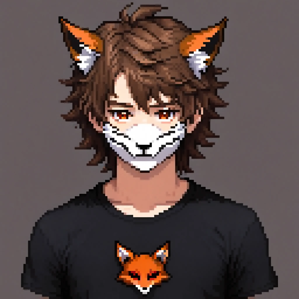 A young man with fair skin, tousled brown hair cascading down to his shoulders. His face features a broken fox mask he wears over his face. His penetrating brown eyes are observant, and he wears a black shirt. With demon horns  