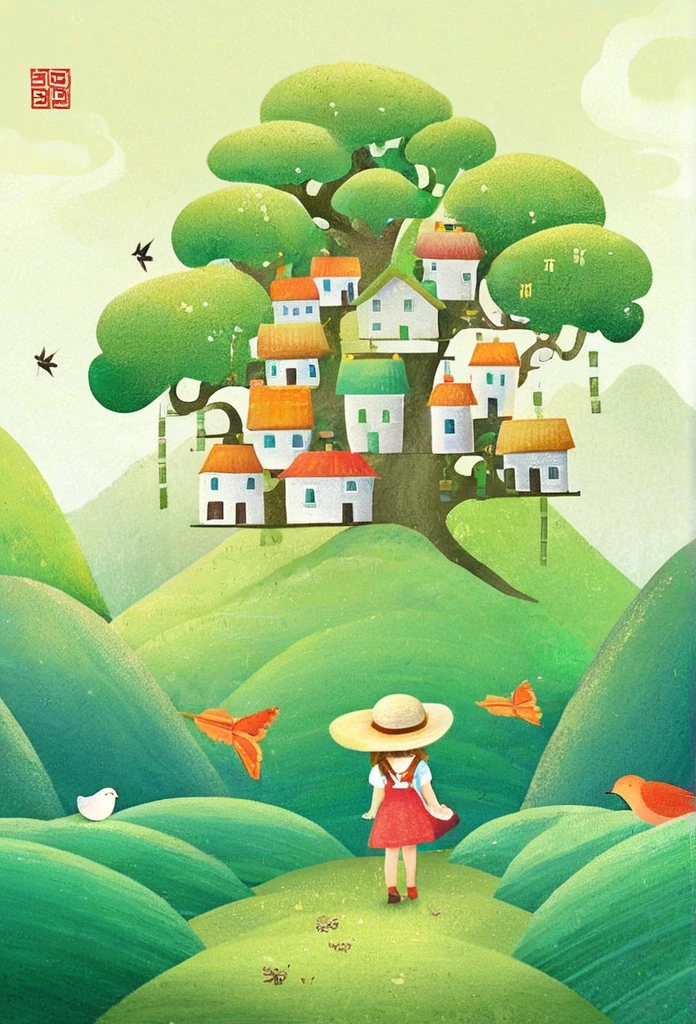 Digital illustration art, a comical illustration of a  girl adorned with many houses, trees, roots, a little swallow, etc. on her head. Her hair is composed of many houses and trees, and the background is green trees and hills (the background blends with the littles hair). Surrounded on both sides, it evokes the charm of a charming rural landscape. White background, the whimpering sound of Chinese calligraphy, vivid Ferdinand du Puigaudeau, Victor nizovtsev, retro tones, sparkling, reflective, best number, 8K, high-definition, high-resolution, dual exposure, beautiful digital illustrations,