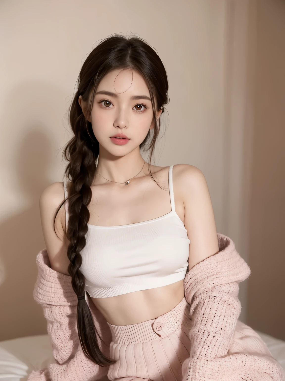 Kim Jennie with white brown hair, with curlers at the ends, with two bows on each side of the hair, all her hair white brown, with a star clip in her white brown hair, light colored eyes, pretty eyes, crying eyes, pretty, upturned nose, watery nose, Pretty lips, pink lips, heart and cupid shaped lip, pretty skin, pale, White skin, with moles and freckles all over his face, soft pink blush on the cheeks, natural pink blush, soft pink makeup, Jennie, nice neck, marked collar, frown, tender look, with a kiss necklace, a pretty kiss necklace, similar to Yumeko Jabami, while wearing a Crochet YK2, woolen, with a YK2 style brown mini skirt, while wearing a jacket with bear prints, while having a bare abdomen, Delgado, marked and pretty, (big breasts, soft breasts, nice breasts), while she is cosplaying the character Yumeko Jabami, The anime Kakegurui, looking to the camera
