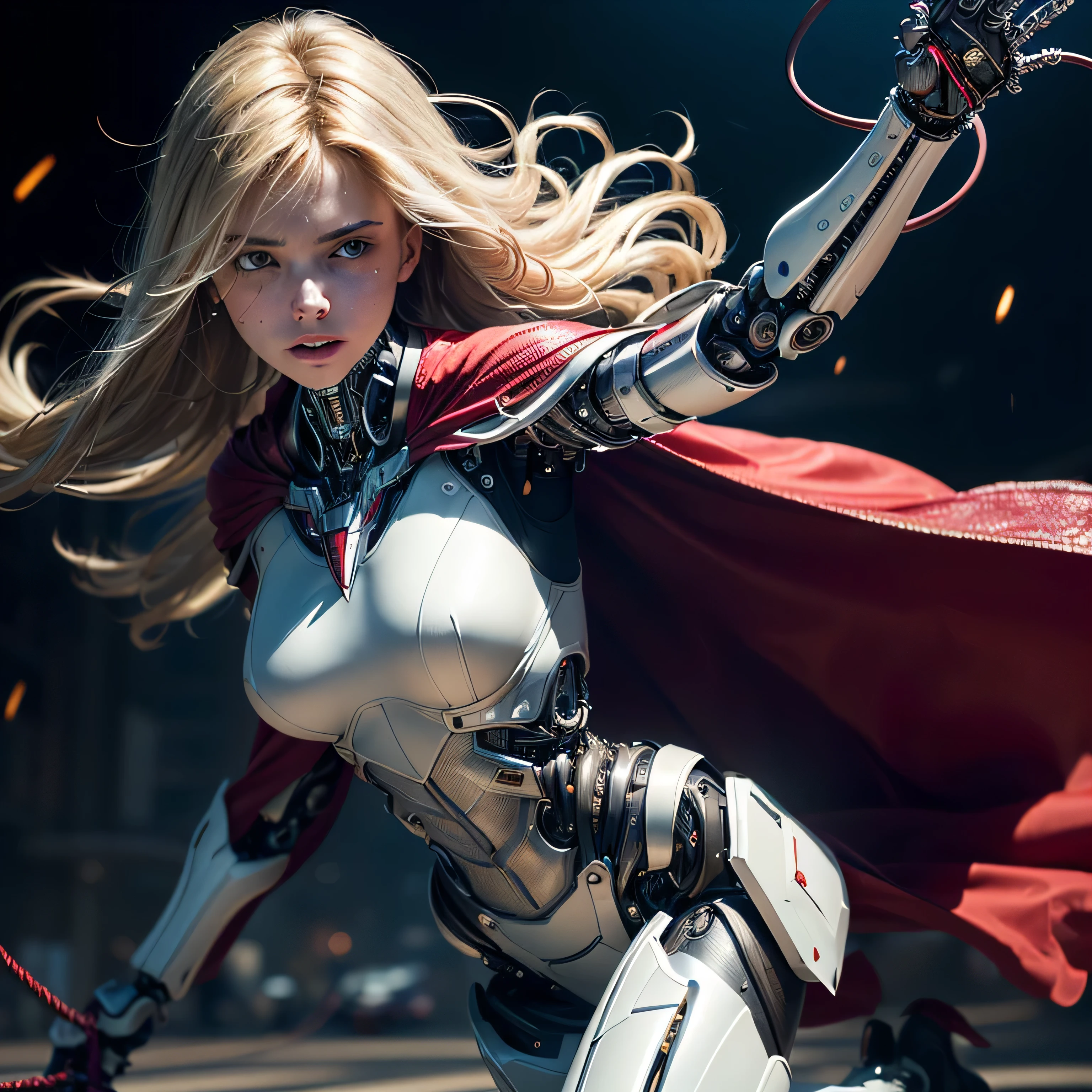 (masterpiece, photorealistic:1.4, extremely intricate:1.3), (photon mapping, radiosity, physically based rendering, ultra resolution, hyper-realistic, hyper-realistic, 8K, (dtx)),  supermodel , ((lacquered white perfectchainmail armor:0.8, ((mechanical limbs, cybernetic arms, futuristic cyborg, ((weapon, razorwhip))), tattered red cape), intense, [skin detail:freckles:0.8])), metal reflections, blank background, empty room, dark room, black background, no scenery, professional photograph, (straight blonde hair, wind, windy, running dynamic movement pose, arm raised), sharp focus, dramatic, award winning, (film grain, bokeh, interaction)