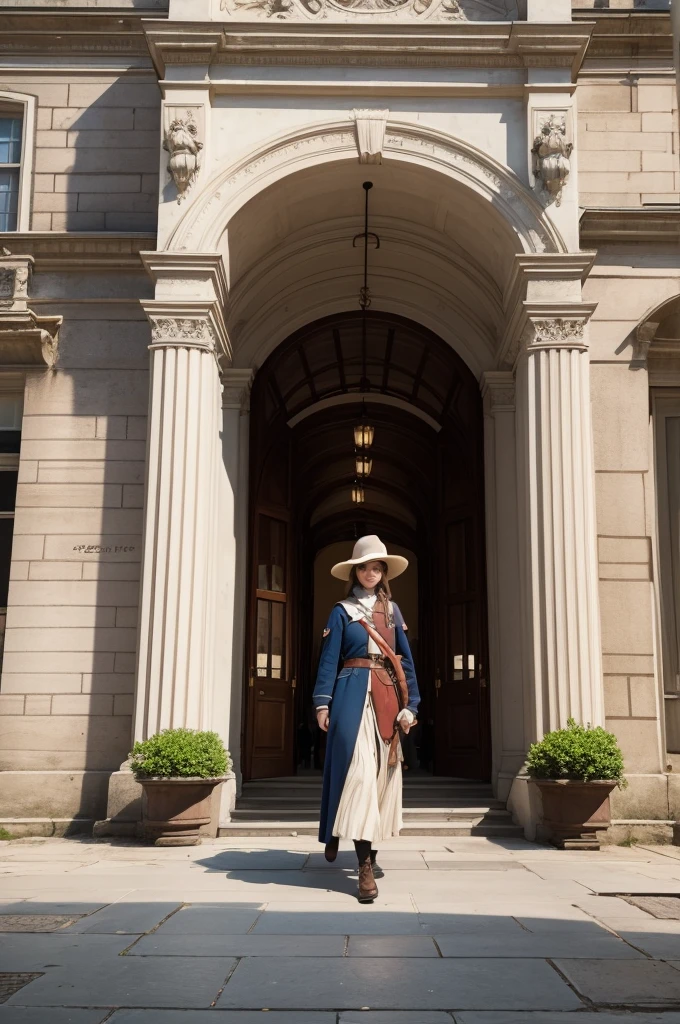 create an image outside of a historical museum for a fictional country related to the sun