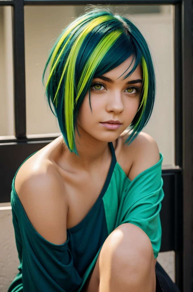 Girl with short blue hair with a green streak and yellow eyes