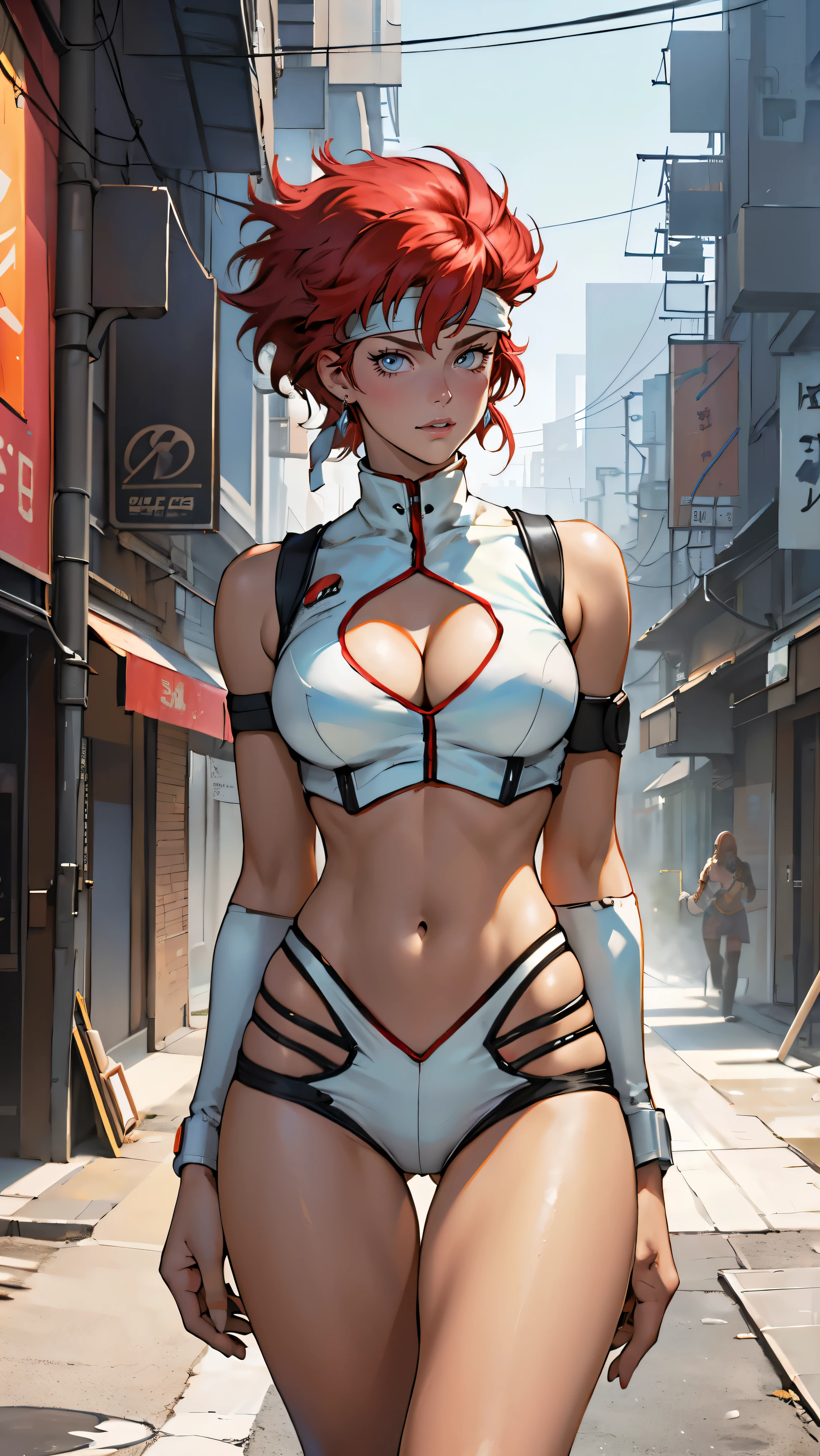 ((Masterpiece, highest quality; 1.3)), super quality, beautiful detail, super detailed, extra fine, 16K, exquisite, absurd, high resolution, beautiful background, detailed background, beautiful eyes, beautiful skin, anime style, Kay from Dirty Pair in a white outfit, tight outfit, cleavage, bushy redhead beauty, very light blue uniform, wearing tight clothes, skimpy, (mid chest: 1.2), cleavage, cleavage, slim waist , thin waist, slim thighs, thin legs, slim legs. thigh gap, showing stomach, skinny, thin hips, cyberpunk city background, retro space gun holding, headband, 