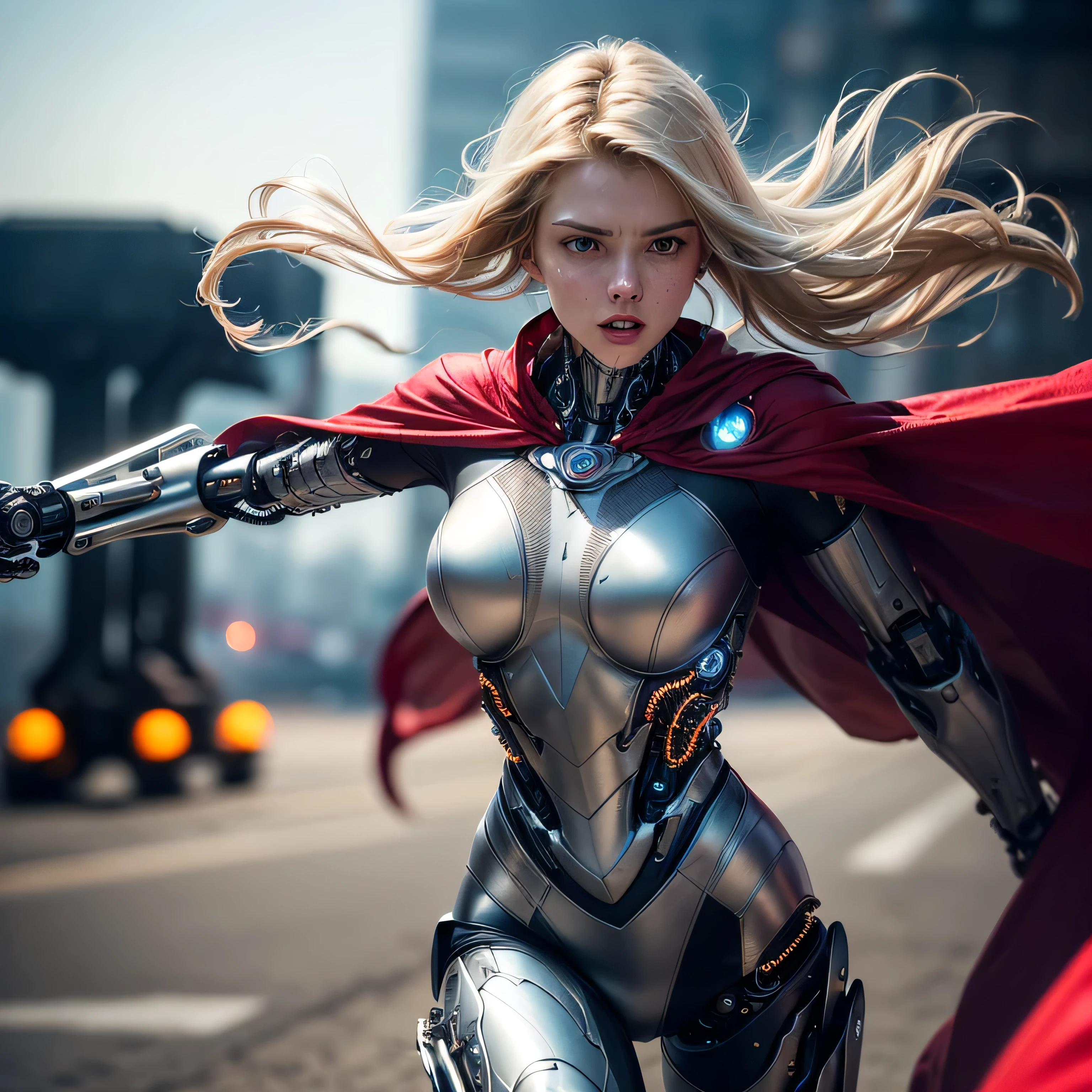 (masterpiece, photorealistic:1.4, extremely intricate:1.3), (photon mapping, radiosity, physically based rendering, ultra resolution, hyper-realistic, hyper-realistic, 8K, (dtx)),  supermodel , ((lacquered white perfectchainmail armor:0.8, ((mechanical limbs, cybernetic arms, futuristic cyborg, ((weapon, razorwhip))), tattered red cape), intense, [skin detail:freckles:0.8])), metal reflections, blank background, empty room, dark room, black background, no scenery, professional photograph, (straight blonde hair, wind, windy, running dynamic movement pose, arm raised), sharp focus, dramatic, award winning, (film grain, bokeh, interaction)