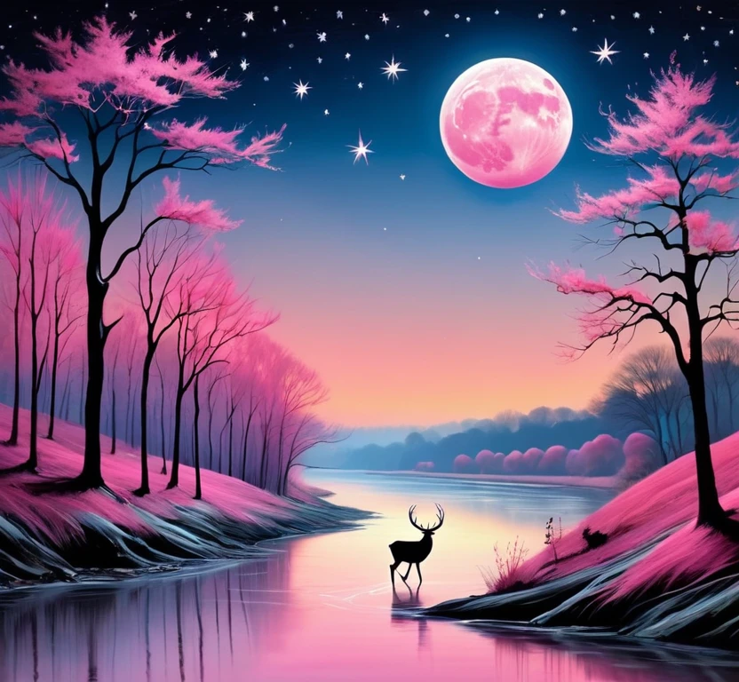 Surreal landscape, pink moon, deer walking along river edge, painted brush strokes, falling star