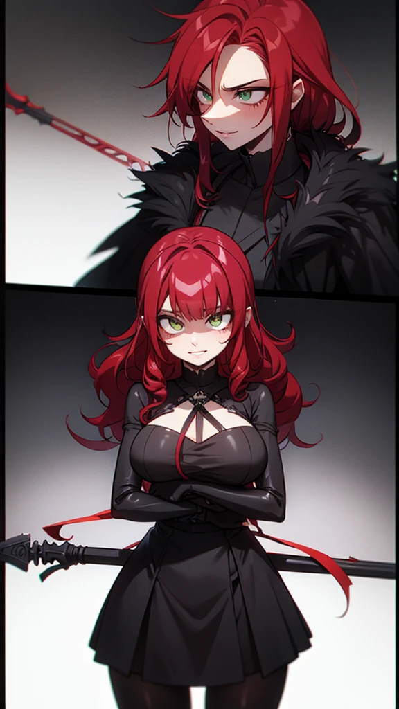 A female character with long, curly Ruby red hair. Character wielding a black scythe with a scary shadow in the background. Emerald green eyes. Character with a macabre smile is scary and a malicious expression. Black clothing is red short and sensual. darkness background 