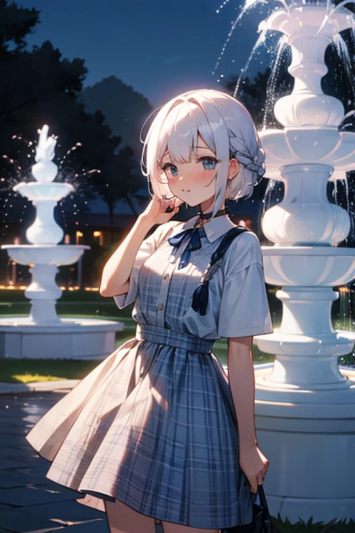 Short white hair, blush, Navy and white checked outfit、Braiding、Fountain in the background、Save face image、night、